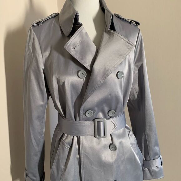 Joan Rivers Gray silver leopard trench coat medium - Picture 3 of 12